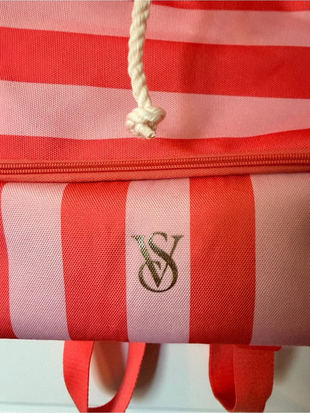 Victoria's Secret Coral Pink Striped Drawstring Backpack with Cooler-NWOT